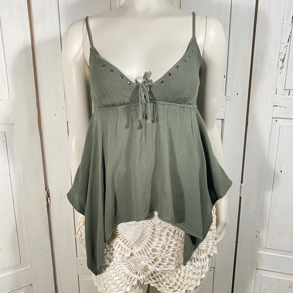 Velvet Moon Olive Green Handkerchief Hem Studded Camisole Top Small Boho Fairy - Picture 2 of 10